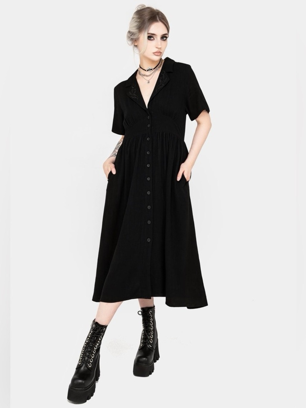 Disturbia Jasmine Embroidered Midi Shirt Dress 6 Button Black Grunge Punk